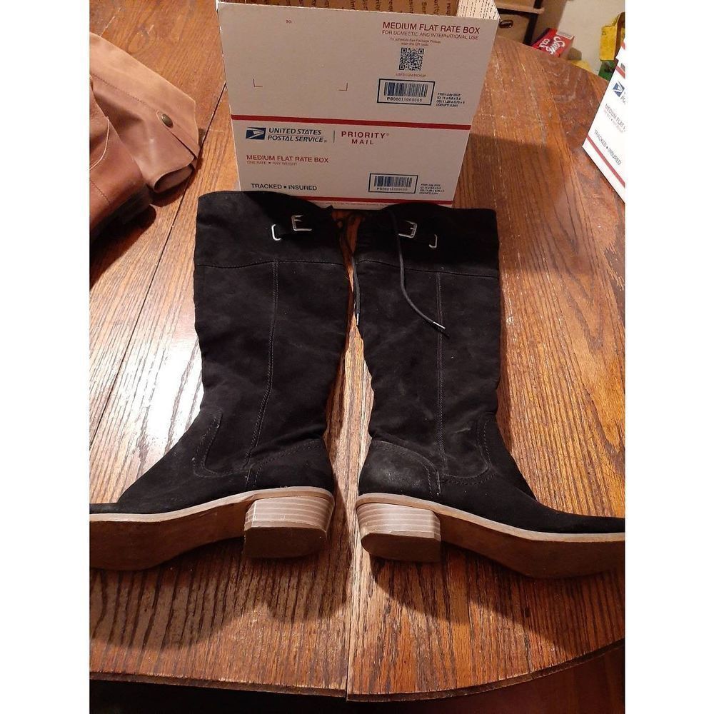 6.5-7 G By Guess Black Low Chunk Stacked Heel Side Zip Buckle Lace Up Boots